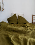 Housse de couette lin lavé olive - Maison Farigoulette