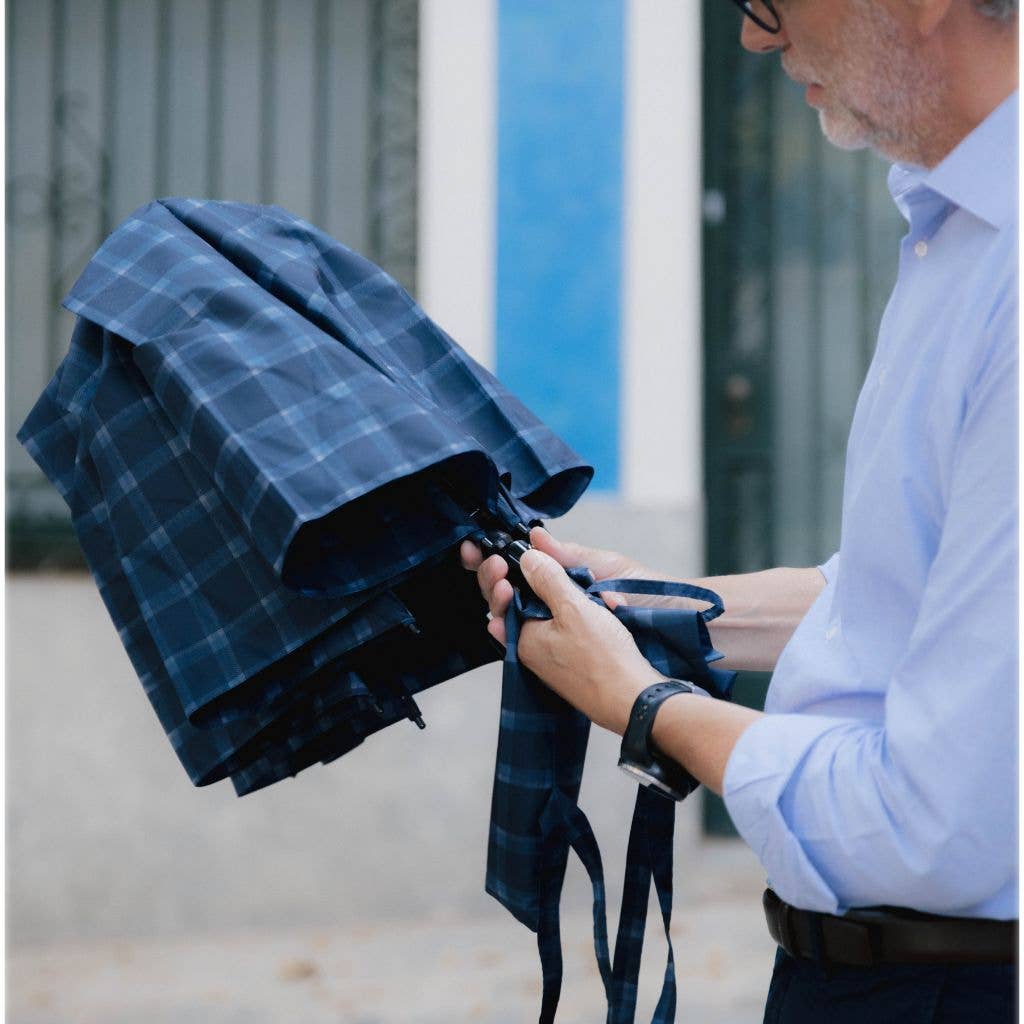 Parapluie pliant XL anti-vent - Écossais bleu