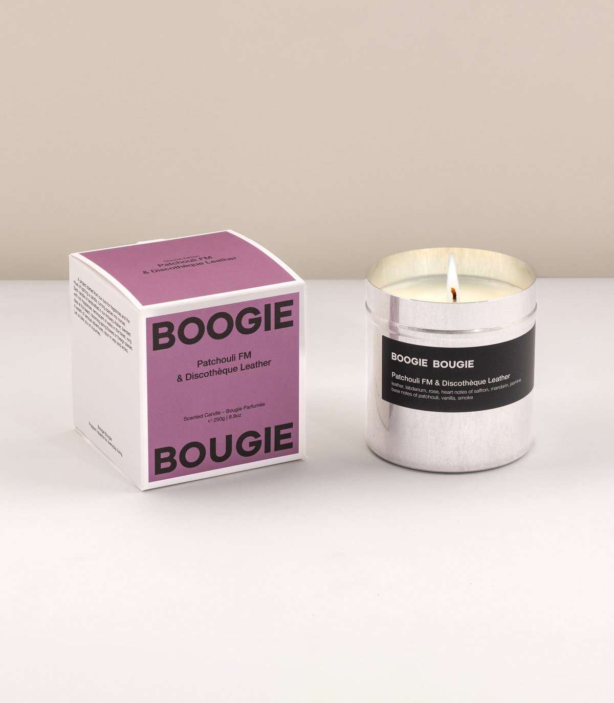 Bougie parfumée Patchouli FM &amp; Discothèque Leather - Boogie Bougie