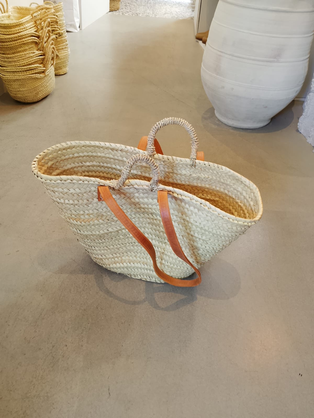 Panier doubles anses naturelles et cuir camel