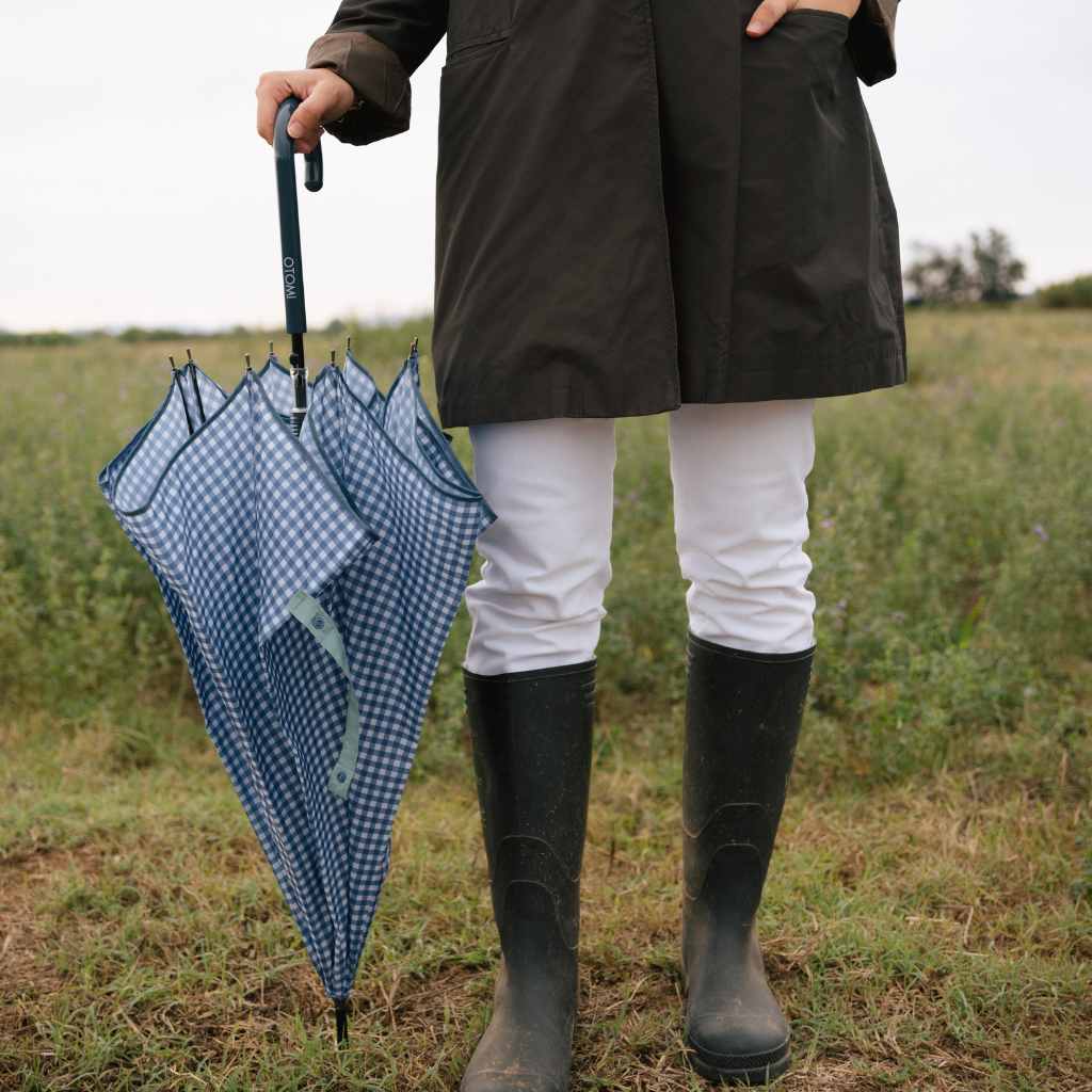 Parapluie long anti-vent - Vichy bleu
